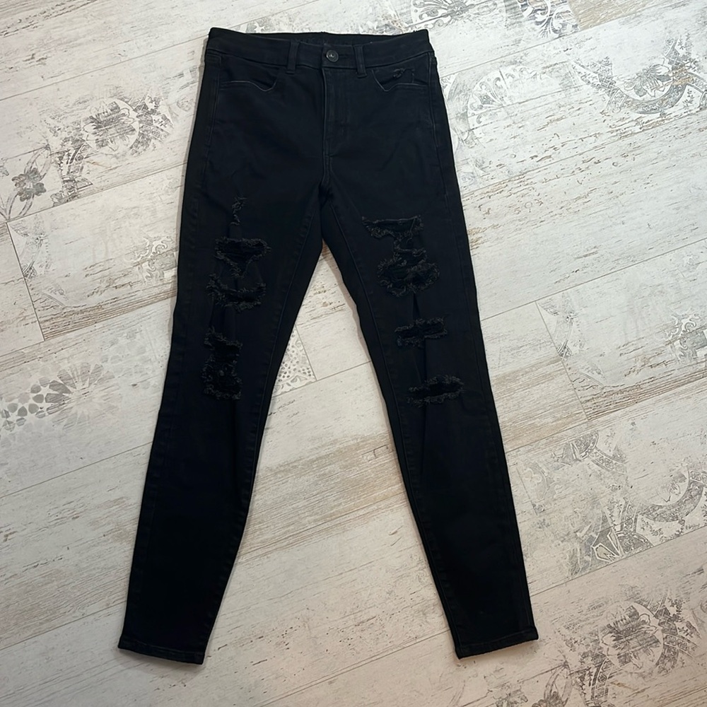 American Eagle Black Distressed Curvy Hi Rise Jeggings 6 Regular